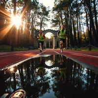 Two runners in hi-vis vests on a red track through pine trees, passing a stone arch in golden light