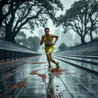 Runner in yellow and green kit with race bib running up rain-soaked stone steps, trees and city towers behind