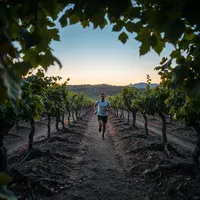 Runner on a vineyard path at dusk, patiently returning to running while the foot recovers