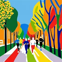 Colorful illustration of a group of runners on a tree-lined path with vibrant autumn-coloured trees