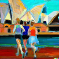 Painterly scene of three women in athletic wear running along a harbour promenade toward the Sydney Opera House sails