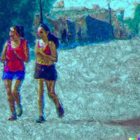 Two young women in a red top and a dark top, wearing shorts, walking together on a paved path outdoors