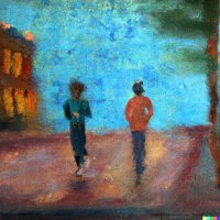 Painting of two people walking down a dusk street, one in an orange top, under a blue sky with warm building lights.
