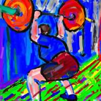 Painted illustration of a person in a blue top and red shorts lifting a barbell overhead