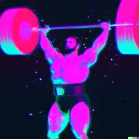 Muscular bearded man in neon pink and cyan style lifting a loaded barbell overhead against a dark starry background
