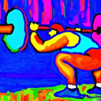 Colourful painted illustration of a person squatting with a barbell across their shoulders against a blue background