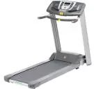 Silver and black treadmill with a console display panel and handrails, viewed from the side