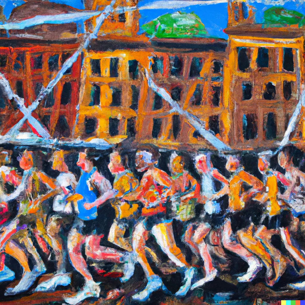 Oil painting of a crowd of runners racing past tall orange and brown buildings under a blue sky