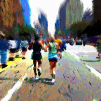 Runners on a city street during a road race, with spectators lining the course