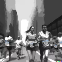 Grayscale artwork of a woman and a man running side by side down a city street, with other runners behind.