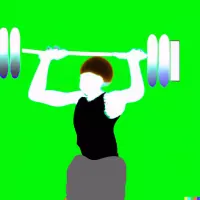 Person in a black top holding a loaded barbell overhead against a bright green background