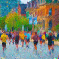 Painterly, blurred group of runners in colourful tops on a city street lined with trees and orange buildings